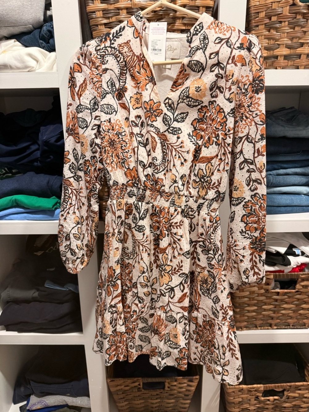 Lilly Pulitzer Cream Floral Long-Sleeve Smocked Waist Dress